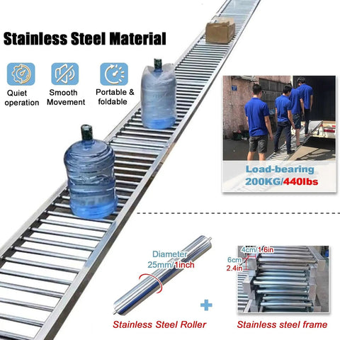 Beefy Heavy Duty Portable Folding Conveyor Belt With Two-Meter Stainless Steel Roller For Truck Trailers, Eleven Point Eight Inch Wide Light Duty Unpowered Slides, Built For Durable, Versatile Industrial Material Handling. Stainless steel roller conveyor for truck loading, 200kg