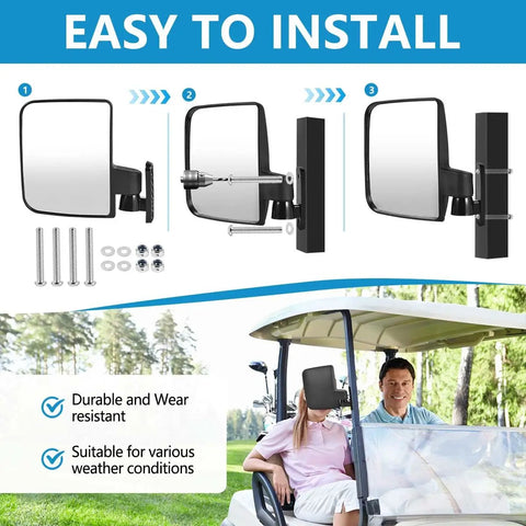 Adjustable Golf Cart Side Mirror Set With Wide 6.3 By 5.2 Inch HD Glass Durable Plastic Housing Weatherproof For Easy Install