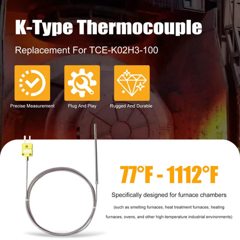 Front view of K-Type thermocouple probe with stainless braided cable and metal sensing tip; replacement for TCE-K02H3-100