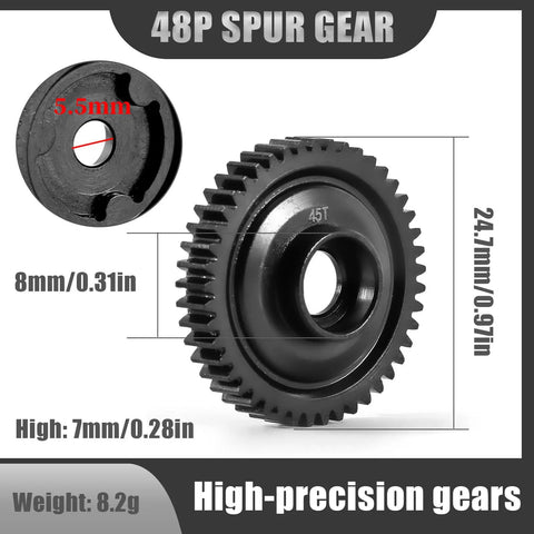 48P 45T Hardened Steel Spur Gear for 1 by 16 RC Models E Revo Summit Slash Mini E Revo Mini Slash Built Tough for Long Lasting Performance in RC Cars and Trucks High Precision Durable Upgrade black 45T gear with 5.5mm bore