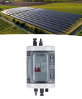 PV Combiner Box With Built In DC Circuit Breaker 500V 32A 2P For Grid Tied Or Off Grid Solar Systems, front view with transparent window, solar field in background
