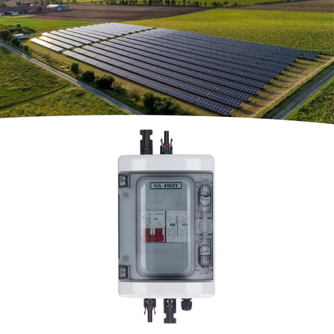 PV Combiner Box With Built In DC Circuit Breaker 500V 32A 2P For Grid Tied Or Off Grid Solar Systems, front view with transparent window, solar field in background