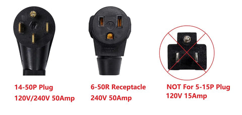 Top Notch Nema 14-50P To 6-50R Power Adapter For 240V 50Amp Generators Welders And Car Chargers with black 14-50P and 6-50R plugs.