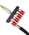 Four Way Air Manifold Splitter With Four Quick Connect Couplers And One Quarter Inch MNPT Plug, red fittings shown.