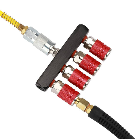 Four Way Air Manifold Splitter With Four Quick Connect Couplers And One Quarter Inch MNPT Plug, red fittings shown.