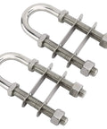 Two stainless steel marine U-bolts with mounting plates, nuts and washers for boat tie-downs.