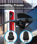 Nacs To Ccs1 Adapter With Secure Interlock For Tesla Superchargers shown connecting to charging station, rated for 10,000 mating operations.