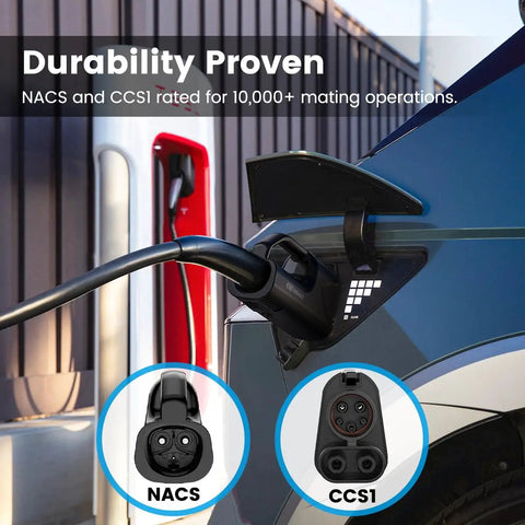 Nacs To Ccs1 Adapter With Secure Interlock For Tesla Superchargers shown connecting to charging station, rated for 10,000 mating operations.