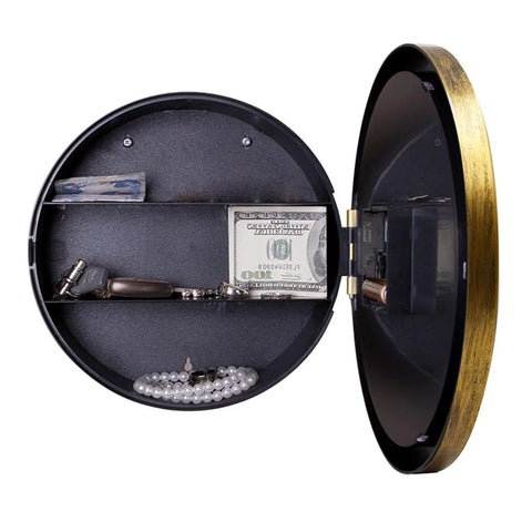 Open Hidden Compartment Wall Clock Safe With Thickened 10 Inch Plastic Case showing cash, jewelry, and keys inside.