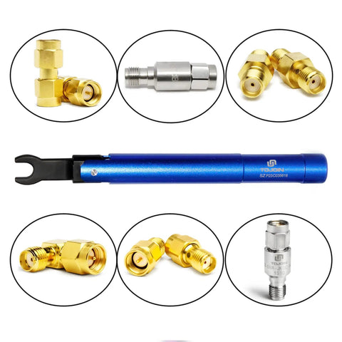 Pro Grade SMA Torque Wrench Set For RF Connectors, 8mm Opening, 0.9 Nm Calibrated Torque, 2 Pack With 8mm And 5/16 Inch Heads, Compatible With SMA 3.5mm And 2.92mm Adapters, Portable Spanner For Pros, Blue, shown with RF connectors