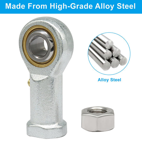 Heavy Duty Female Rod End Bearings With 3/8 Inch Bore 3/8-24 Rh Thread Alloy Steel Construction close-up with gold bearing and nut.