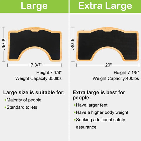 Size comparison chart of Wooden Toilet Stool, 7 inch folding potty step, large and extra large, supports up to 350 lbs, natural finish.