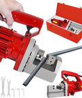 Heavy Duty Electric Hydraulic Rebar Cutter 1250W 110V Sparks Free Fast Cut In About Three Seconds Cuts Up To Three Quarters Inch 6 20 mm Steel Rebar Perfect For Concrete Construction Industrial Grade Reliable Performance in use, with tools and case.