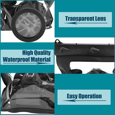 Floating 20m Underwater DSLR Housing Case for Cameras showing lens, waterproof material, and control interface for easy operation.