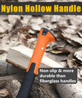 14 Inch Camping Hatchet With Carbon Steel Blade And Do It All Sheath, close-up of nylon handle, outdoor setting