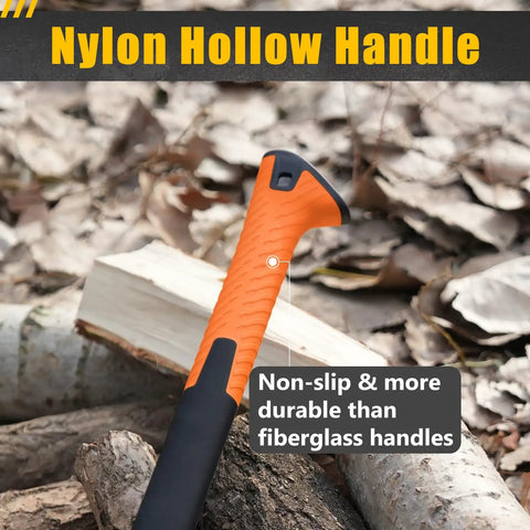 14 Inch Camping Hatchet With Carbon Steel Blade And Do It All Sheath, close-up of nylon handle, outdoor setting