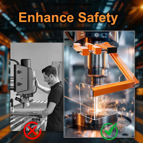Image showing Universal Drill Press Guard Shield Built Tough For 2 To 4 Inch Column Drills with safety enhancement feature.