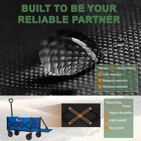 Collapsible Folding Wagon With Tailgate For 300lbs Heavy Duty Load, showcasing water resistance and durable steel frame.