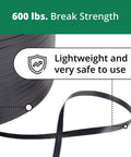 Top Tier 1/2 X 7200 Ft Polypropylene Strapping Roll With 600 Lb Break Strength, showing lightweight black embossed PP banding for cargo.