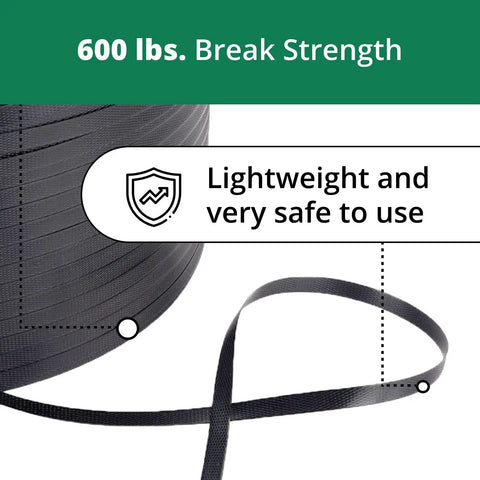 Top Tier 1/2 X 7200 Ft Polypropylene Strapping Roll With 600 Lb Break Strength, showing lightweight black embossed PP banding for cargo.