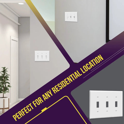 Image showing a Triple Light Switch Wall Plate 3 Gang Gloss White Tough As Nails Polycarbonate Thermoplastic Unbreakable Build.