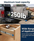 Beefed Up Heavy Duty Full Extension Drawer Slides Set shown supporting 250lb load in truck and drawer view, side mount ball bearing rails.