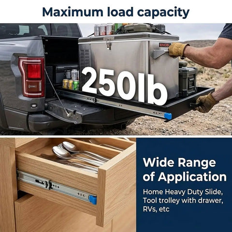 Beefed Up Heavy Duty Full Extension Drawer Slides Set shown supporting 250lb load in truck and drawer view, side mount ball bearing rails.
