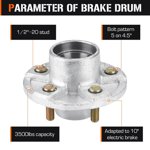 Five Hole Four And A Half Inch Bolt Circle Hot Galvanized Idler Hub Kit for a Three Thousand Five Hundred Pound Boat Trailer Compatible With One And One Sixteenth To One And Three Eighths Inch Tapered Axle Inner And Outer Cone Bearings, showing brake drum parameters and bolt pattern.