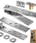 Heavy Duty Door Pivot Hinge For Wood Doors And Bookcases Hidden Invisible Pivot Hinge With 360 Degree Rotation Stainless Steel Rustproof And Able To Support Up To 300 Lbs Ideal For Concealed Hinges By Zishengho, shown with various parts and installed in a bookcase.