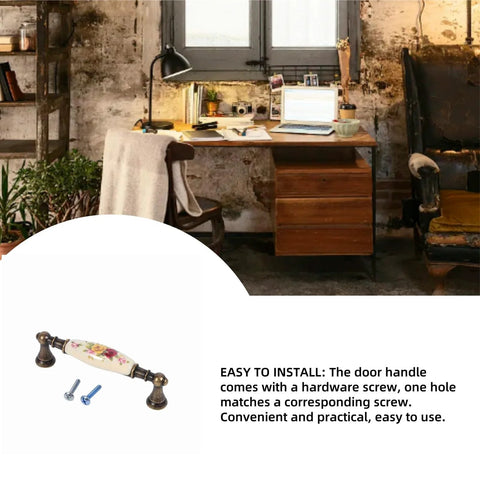 Vintage Ceramic Drawer Handles In Antique Bronze With Elegant Flower Pattern, shown with screws for easy installation