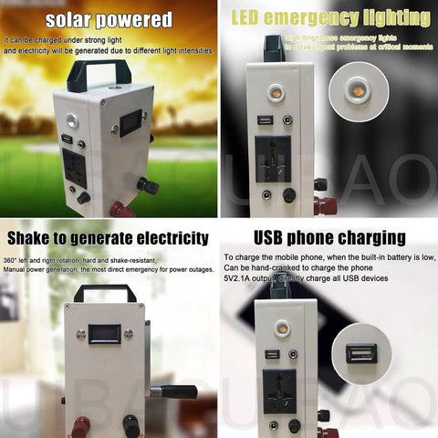 Portable Hand Crank Generator 150W With USB Output And AC 110V 220V, Backup Power For Emergencies Camping And Power Outages, Solar Charging Capability On The Go Ready, showing LED lighting, solar and USB charging features.
