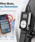Clip On Mini MP3 Player With USB Clip attached to backpack, illustrating music without phone distractions, great for travel.