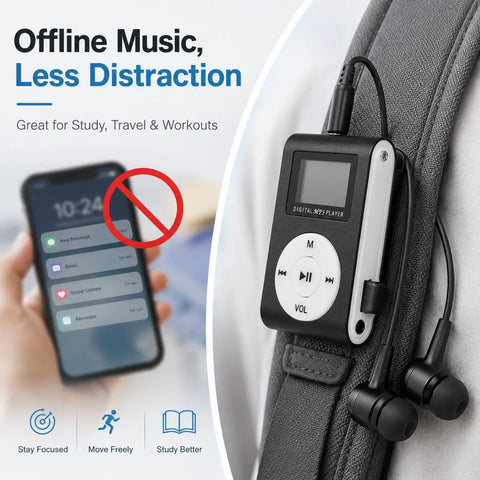 Clip On Mini MP3 Player With USB Clip attached to backpack, illustrating music without phone distractions, great for travel.
