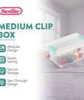 Sixteen Pack Clip Boxes Stackable Clear Plastic Storage Bins With Latching Lids For Crafts Supplies Home Office Classroom And Workshop Organization Medium Containers with craft items inside.