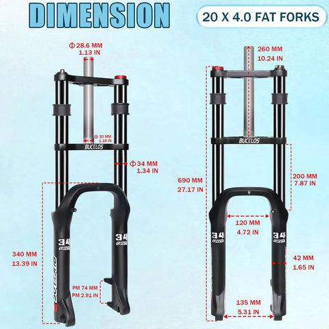 20 Inch Fat Tire Front Suspension Fork For Snow And Beach Mountain Bikes 180mm Travel 135mm Hub Spacing Dimensional View