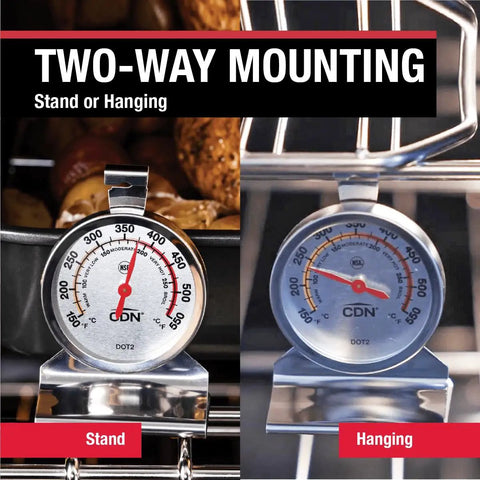 ProAccurate Oven Thermometer With 2 Inch Dial, Stainless Steel Housing, Temperature Zones; stand and hang options shown