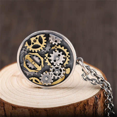 Vintage Style Compass Gear Pendant For Men Made From Real 925 Sterling Silver With Rustic Finish Unique Birthday Gift Piece That Looks Totally Awesome On Any Chain, close-up of mechanical gears design.