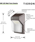 Diagram of LED Wall Pack Light With Dusk To Dawn Photocell For Outdoor Security, Wall Mount, dimensions and features listed