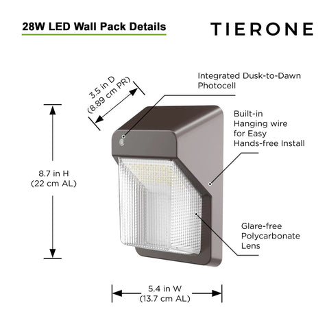Diagram of LED Wall Pack Light With Dusk To Dawn Photocell For Outdoor Security, Wall Mount, dimensions and features listed