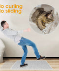 Image showing a man slipping on a rug with a cat on a secured carpet, highlighting Double Sided Rug Tape And Reusable Rug Stopper Set For Hardwood Tile And Carpet Floors Non Slip Stay Put Grip Washable Rug Grippers 10 Pcs Triangle Design For Corner Edges And Prevents Curl.