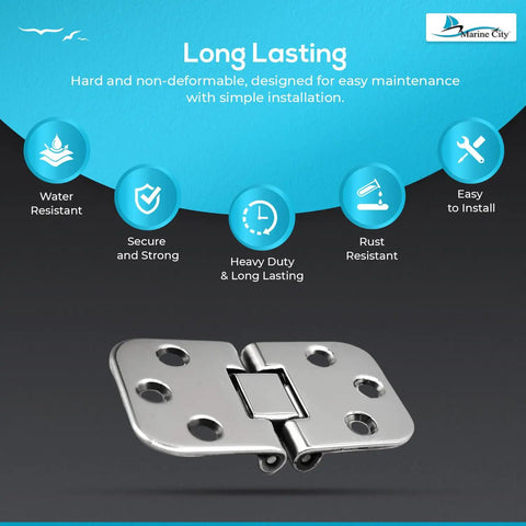 Flush Mount Hatch Hinges 316 Stainless Steel Marine Grade Build Tough As Nails Corrosion Resistant 180 Degree Rotation Ideal For Boats Yachts Doors Motor Boxes And RVs Pack Of 2, displayed with water and rust resistance features.