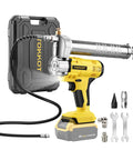 Cordless Electric Grease Gun With LED Light Beastly Power Up To 14000 PSI 12 Inch Hose And 6 Inch Couplers Compatible With DeWalt 20V Battery Battery And Charger Not Included Tool Only shown with accessories and carrying case.