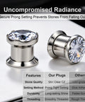 316L Stainless Steel Screw In Ear Tunnels With AAA Plus Cubic Zirconia Gems Sparkling Gauges That Look Dope For Everyday Wear Or Special Occasions Hypoallergenic Piercing Jewelry That Stays Comfortable And Secure. front and side view