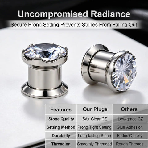 316L Stainless Steel Screw In Ear Tunnels With AAA Plus Cubic Zirconia Gems Sparkling Gauges That Look Dope For Everyday Wear Or Special Occasions Hypoallergenic Piercing Jewelry That Stays Comfortable And Secure. front and side view