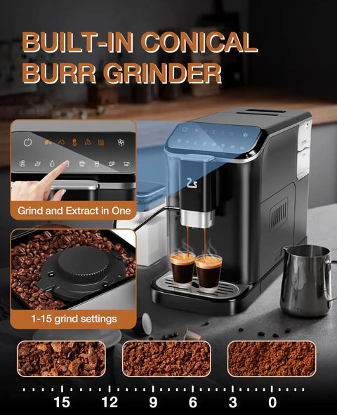 Real Deal Fully Automatic Espresso Machine With Smart Touch Panel Built In Grinder One Touch Milk Frother 1.5L Tank showing built-in conical burr grinder.