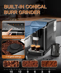 Super Automatic Espresso Machine And Home Coffee Maker With 20 Bar Pump, Built-In Conical Burrs, showing grind settings and espresso extraction.