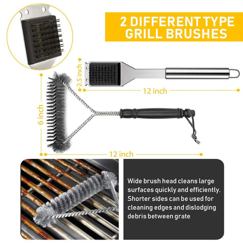 34 Piece Grill Accessory Set With Heavy Duty Stainless Steel Tools Built In Thermometer Grill Mats And Hanging Loops For Easy Storage Dope Backyard BBQ Gear For Men And Women Durable Dishwasher Safe Outdoor Cooking Kit, featuring two different grill brushes on a grill surface