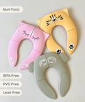 Foldable Travel Potty Seat For Toddlers Featuring A No Pinch Silicone Grip And Slick Non Slip Base Comes With A Pink Unicorn Bag For Easy Peasy On The Go Training That Helps Little Champs Build Confidence Without Any Fuss Today, showing three colorful designs.