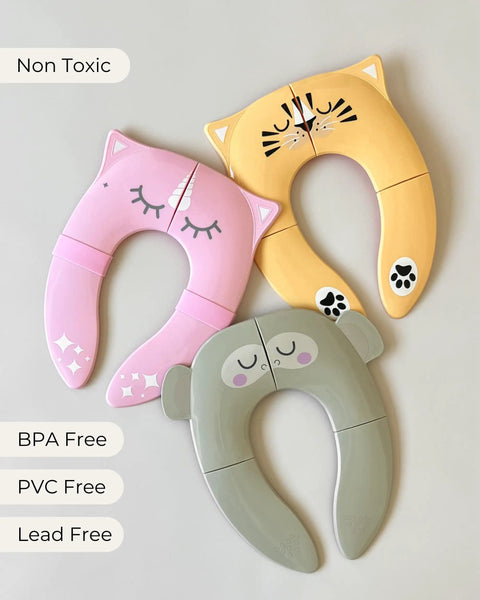 Foldable Travel Potty Seat For Toddlers Featuring A No Pinch Silicone Grip And Slick Non Slip Base Comes With A Pink Unicorn Bag For Easy Peasy On The Go Training That Helps Little Champs Build Confidence Without Any Fuss Today, showing three colorful designs.