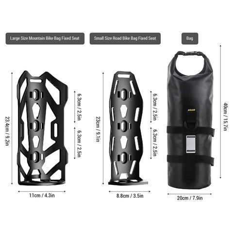 Dimensions of the 5L Waterproof Bike Fork Bag Frame Dry Bag for Mountain and Road Bikes with bottle cage mounts.